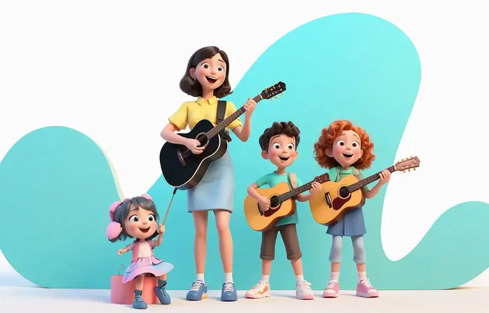 Music Class with Guitars Professional 3D Character Design Illustration